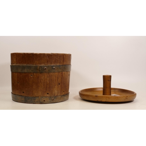 368 - A 19th Century Treen Butter Worker together with a Banded Bucket. Height of bucket: 18.6cm (2)