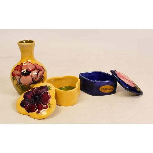 27 - Moorcroft small Anemone vase on yellow ground , anemone lidded box and Magnolia on blue lidded box (... 