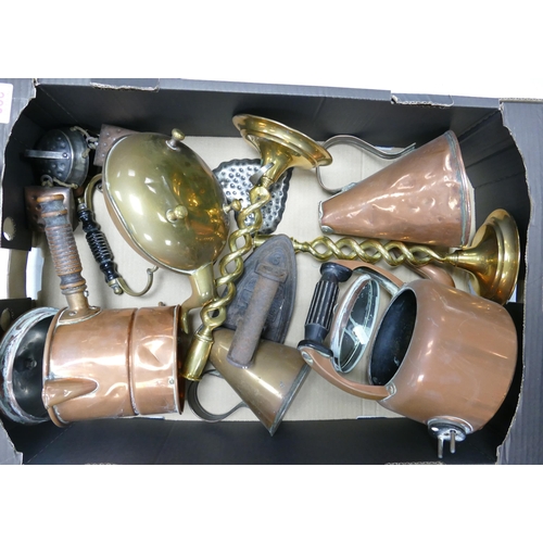 228 - A Mixed Collection of Copper and Brass Items to include Kettles, Jugs, Candlesticks, Flat Iron etc. ... 