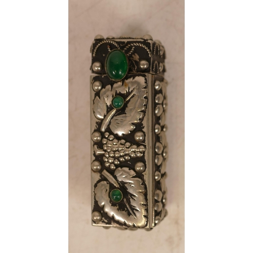 230 - A White Metal, possibly Silver, Lipstick Holder with Integrated Mirror. Inset with Green Glass Cabac... 