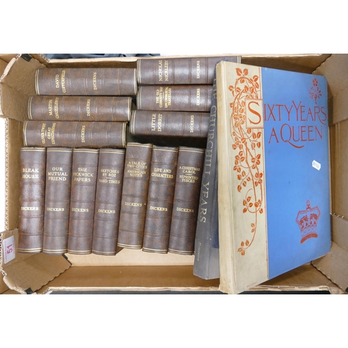51 - A collection of books to include Dickens books, The Churchill Years and Sixty Years a Queen (1 tray)