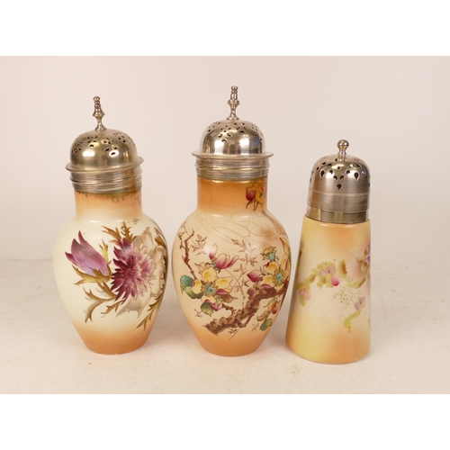 173 - Three Carltonware Wiltshaw & Robinson Ivory Blushware sugar sifters in the Heather, Regalia and flor... 