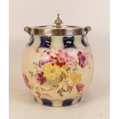 249 - Carlton blush ware metal mounted biscuit barrel with the cistus decoration, by Wiltshaw & Robinson, ... 