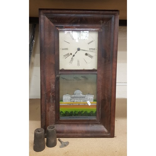 87 - Chauncey Jerome made American wall clock, in need of some TLC, weights and key present, 62cm in heig... 
