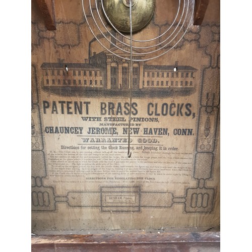 87 - Chauncey Jerome made American wall clock, in need of some TLC, weights and key present, 62cm in heig... 