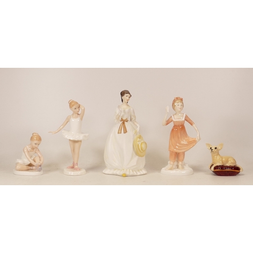 119 - Royal Doulton figures little ballerina HN3395, ballet shoes HN3434, Beswick dog on cushion, Royal Wo... 