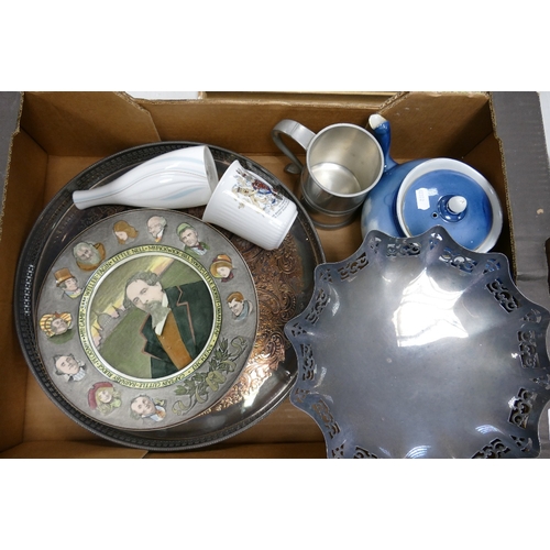 144 - A mixed collection of items to include Parker Ellis silver plated serving tray, footed bowl, tankard... 