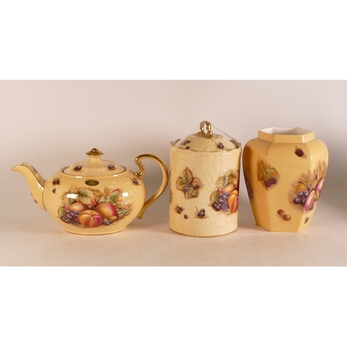 156 - Aynsley Orchard Gold teapot together with biscuit barrel (lid a/f) and vase (3)