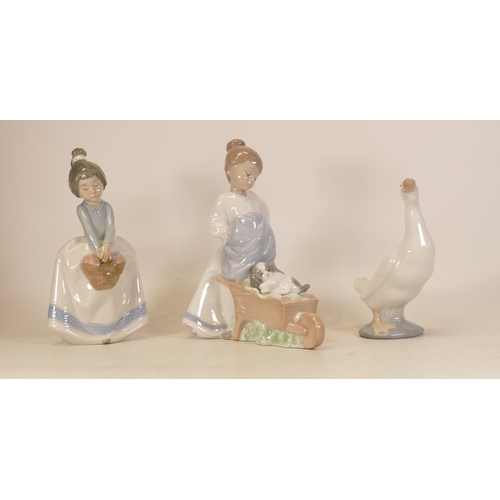 555 - Nao figures Girl with puppy in wheelbarrow 1431, girl holding basket and goose. Height of tallest 20... 