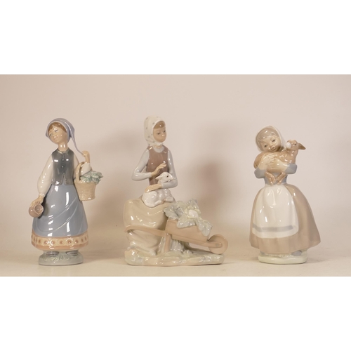 565 - Lladro figures Girl with wheelbarrow 4816, Lladro figure of girl holding basket and jug and Nao figu... 