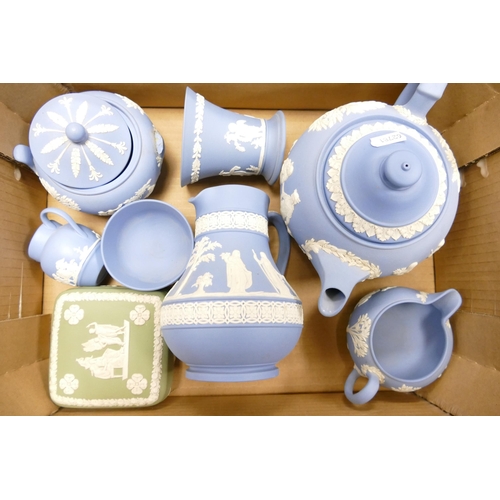 446 - A Collection of Wedgwood Blue Jasperware to include Tea for One Set, Jug, Vase, Small Bowl and Jug a... 
