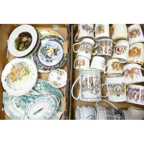 67 - A mixed collection of items to  include decorative wall plates, commemorative mugs, large tankards e... 