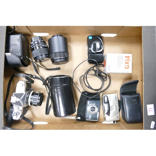 71 - A collection of cameras and lenes to include Minolta Vectis 100BF, Vivitar vivicam 8225, Soligoa TM,... 