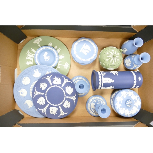 72 - A collection of Wedgwood jasper ware to include dipped blue spill  vase, green sugar bowl, pair of c... 