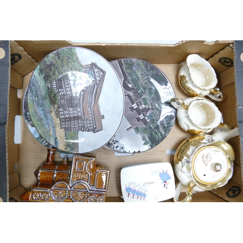 77 - A mixed collection of items to include Price Bros gilt teapot, milk and sugar together with Beswick ... 