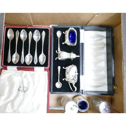 86 - Cased set of Silver Plated Tea Spoons, Cased Condiment Set together with Glass and Silver Plated Mus... 