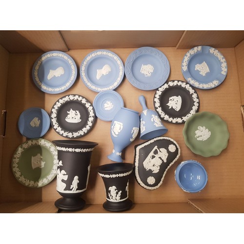 44 - Wedgwood jasper ware items to include vases, pin dishes, lidded box etc (1 tray).