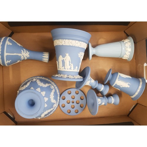 58 - Wedgwood jasperware items to include a footed bowl, vases, pair of candlestick holders and a Queens ... 