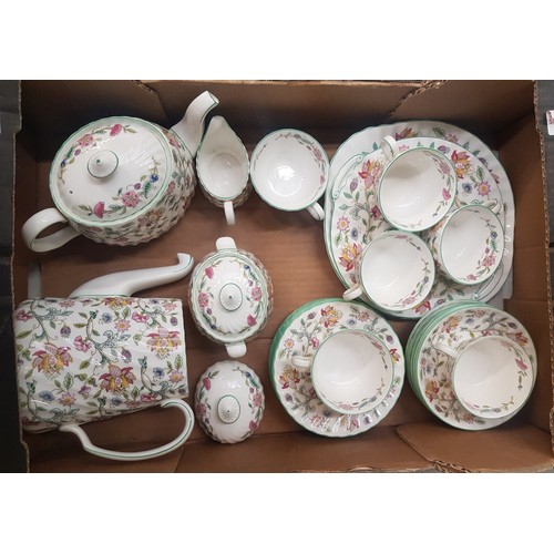 69 - Minton Haddon Hall pattern tea and coffee ware items to include teapot, coffee pot, 2 cake plates, m... 