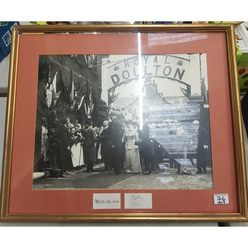 76 - Framed photograph of King George and Queen Mary visiting the Royal Doulton factory in 1913, signed b... 