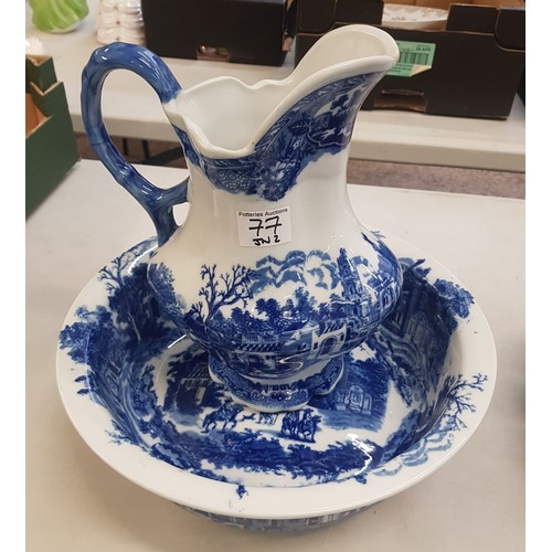 77 - Victoria Ware blue and white ironstone wash bowl and jug, bowl diameter 35cm (2).