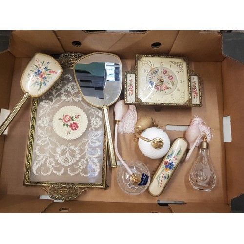 124 - Mid century ladies dressing table set to include mechanical clock, tray, brushes, mirror (a/f) toget... 