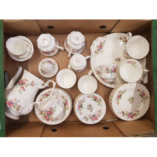 129 - Royal Albert Moss Rose pattern tea and coffee ware items to include coffee pot, cake plates, 6 side ... 