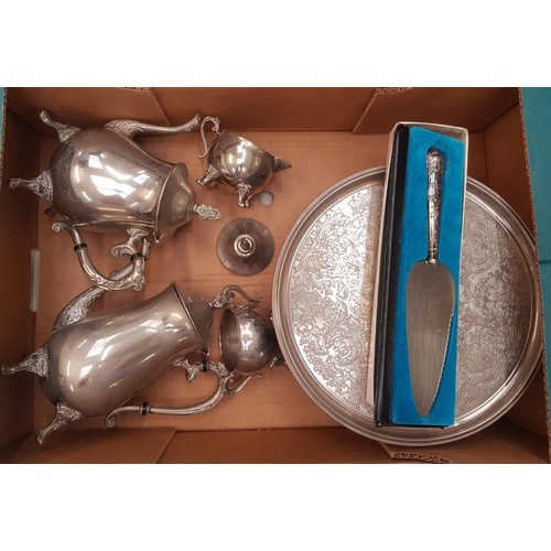 96 - Silver plated 4pc tea service together with a large silver plated cake stand and a silver handled ca... 