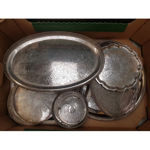 97 - A collection of silver plated trays, galleried tray, coasters, salvers etc (1 tray).