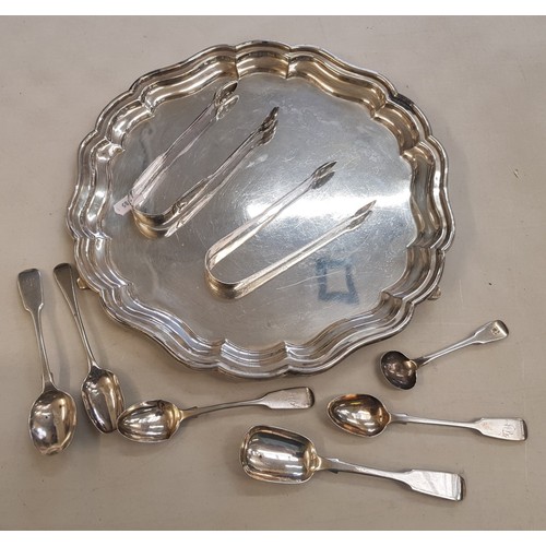 138 - Sterling silver footed salver together with a group of silver spoons and tongs, total weight 892.2g.