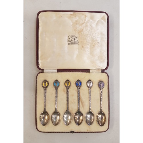 139 - Cased set of 6 Sterling silver and enamel Edward VIII coffee spoons, 60.8g.