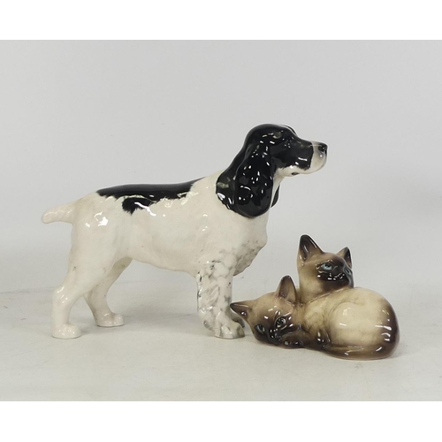 106 - Beswick spaniel together with a pair of Siamese kittens (2)