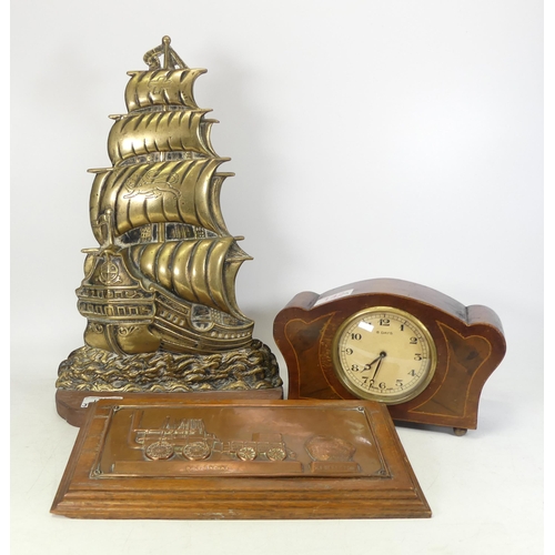 142 - An Edwardian 8 Day Inlaid Mantle Clock together with a Brass Galleon Doorstop and a Small Copper Pla... 
