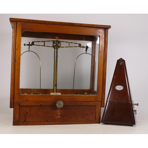 333 - A Wood Case Set of Balance Scales together with a Maelzel Paquet Metronome. Height of tallest: 32cm ... 