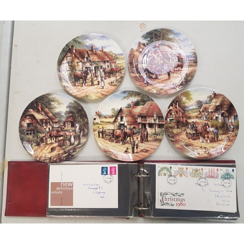 316 - A Collection of Five Wedgwood Country Themed Wall Plates together with a binder of Royal Mail First ... 