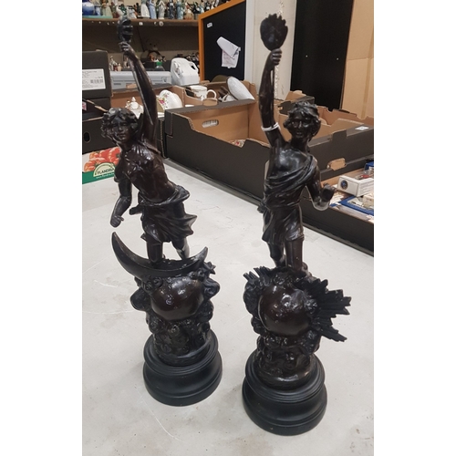 569 - Pair of overpainted white metal classical figures on wooden bases, height 47cm (2).