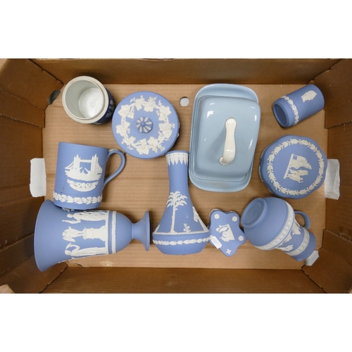 489 - Wedgwood Jasperware to include tankard, vases, Queenswares butter dish, lidded pots (one lid a/f), e... 