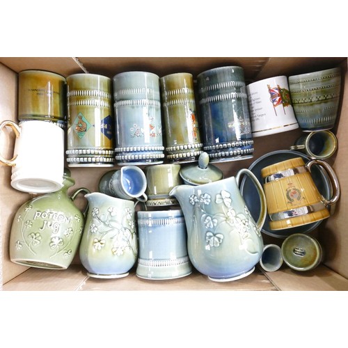 14 - A mixed collection of mostly Irish Wade to include tankards, mugs, tea pot, jug, bowl etc. (1 tray)