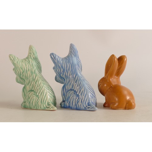 82 - Wade Heath Flaxman Terriers in pale green and blue colourway together with an orange rabbit (3)