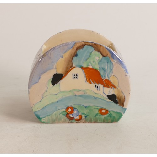 152 - Clarice Cliff open sugar bowl in Red Roof Cottage pattern, 7.4cm wide x 3.7cm x 6.1cm high.