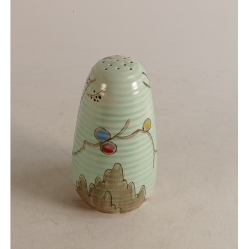 157 - Clarice Cliff sugar sifter hand painted in the 'Passion Fruit' pattern on pale green ground. Height:... 