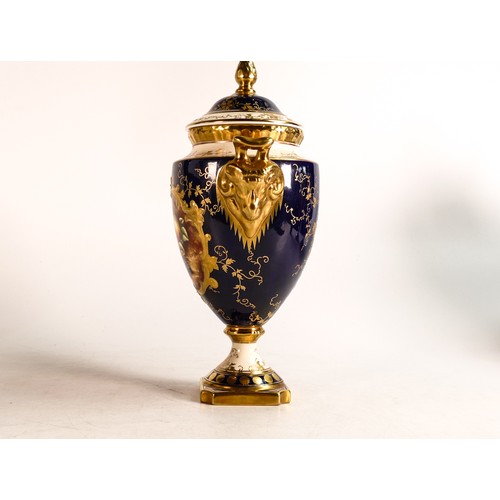 167 - Coalport two handled gilded vase & cover, hand painted with fruit on blue ground by B Higham, h.25cm... 