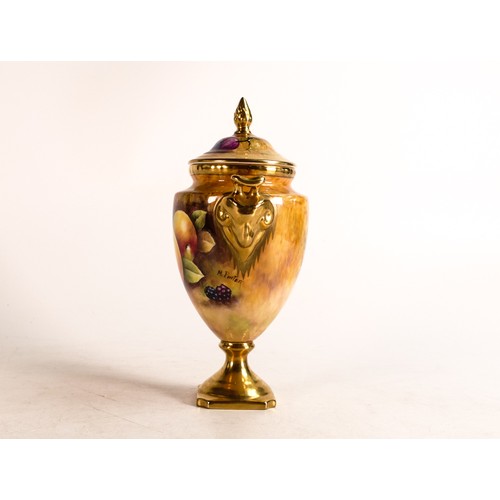 171 - Coalport two handled vase & cover, hand painted with fruit by M Pinter, h.18.5cm. Good condition.