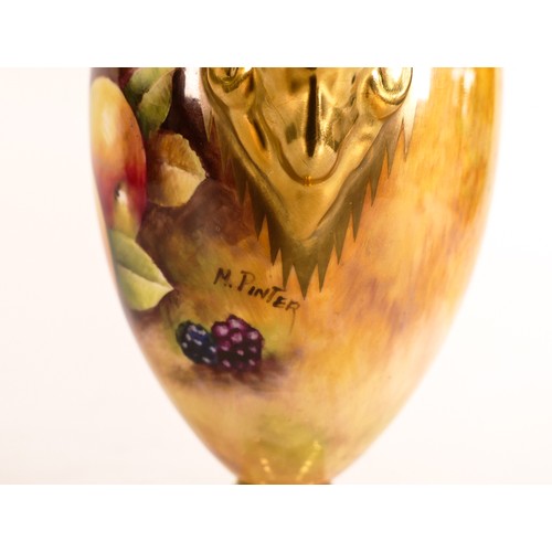 171 - Coalport two handled vase & cover, hand painted with fruit by M Pinter, h.18.5cm. Good condition.