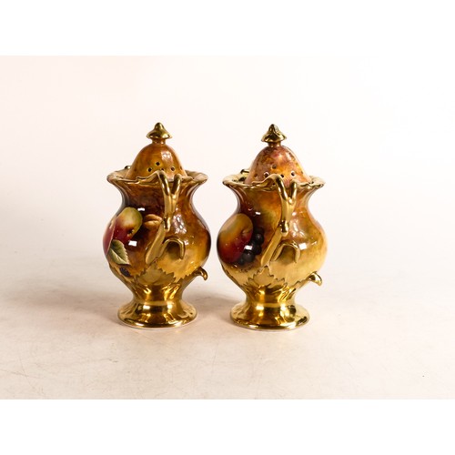 172 - Pair of Coalport two handled gilded vases & covers, hand painted with fruit, one by Carole Gidman an... 