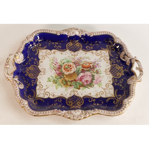 183 - English porcelain, possibly Coalport large two handled tray, 19th century, with hand painted floral ... 