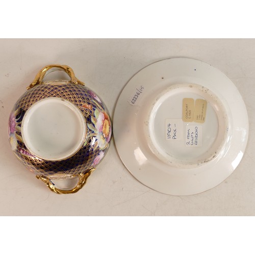 217 - Coalport covered sucrier & saucer, described on old sales ticket as c1820. Hand painted floral decor... 