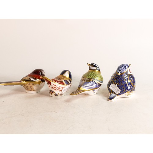 246 - Royal Crown Derby paperweights Robin, Long Tailed Tit, Coal Tit & Great Tit (Robin with silver stopp... 