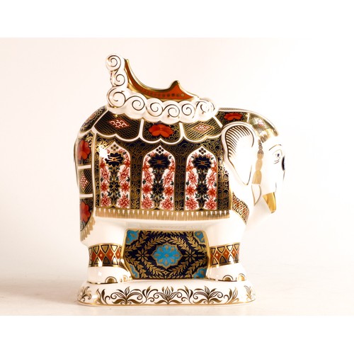 249 - Royal Crown Derby large elephant with houdah, gold stopper. Boxed.