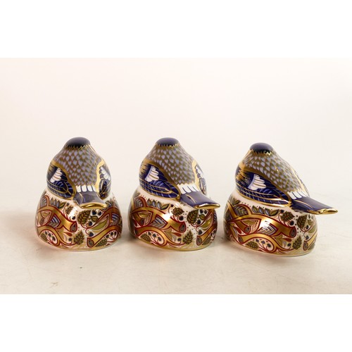 270 - Three Royal Crown Derby paperweights, Bullfinch Nesting, gold stoppers, 6.5cm, printed mark in gold,... 